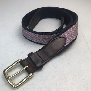 Vineyard Vines Canvas Club Belt Brown Leather Embossed Whale Pink Whale Sz 32